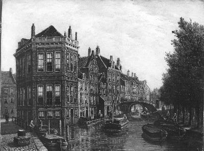 De Nieuwe Zijds Voorburgwal vóór de demping, tussen de Pijpenmarkt en de Weessluis (huidige no's 325, 1861, Oene Romkes de Jongh