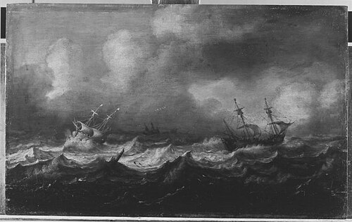 Schepen op zee in een zware storm, 1631, Willem van Diest