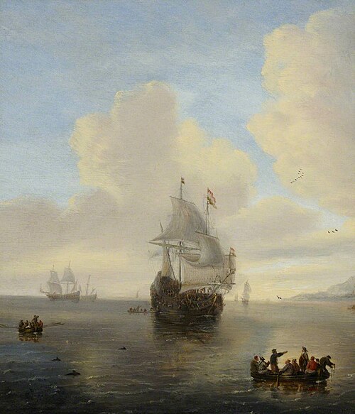 Ship's boats going ashore from a Dutch merchantman, 1700, Willem van Diest