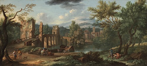 Fantasy View of the Ponte Molle, Rome and the Abbey of Saint Nilus at Grottaferrata, 1695, Jacob de Heusch
