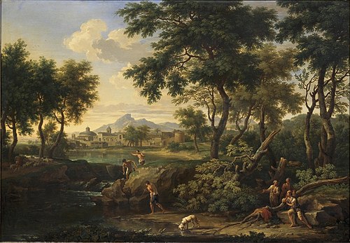 Southern landscape with waterfall and fishermen, 1693, Jacob de Heusch