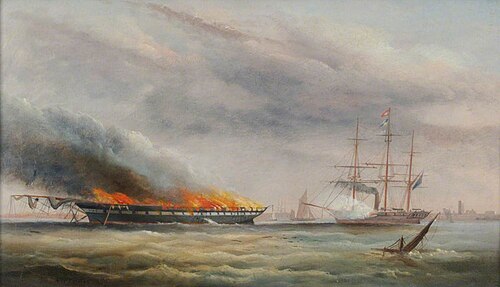 The Frigate HMS 'Falcon' Attempting to Sink by Shelling the Burning Hulk of the Troop Transport, 'Ea, 1859, Arthur Wellington Fowles