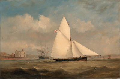 Terpsichore, a racing cutter, and a large Paddle-Steamer off Hurst Castle, on the Solent, 1863, Arthur Wellington Fowles