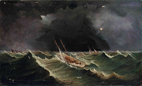 The Royal Victoria Yacht Club's schooner Caroline, hove to, in a gale off Ryde, 20 May 1863, 1863, Arthur Wellington Fowles