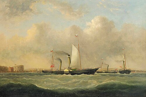 Southampton-Cowes ferries off Calshot Castle, 1900, Arthur Wellington Fowles
