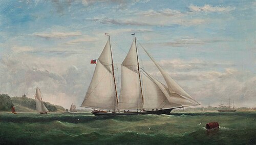 A schooner yacht of the New York Yacht Club racing off Ryde, Isle of Wight, 1878, Arthur Wellington Fowles