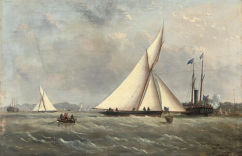A big cutter approaching the turning mark with the crowded club steamer beyond, 1888, Arthur Wellington Fowles