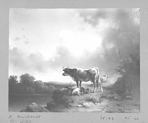 landscape, a cow, a sheep and a goat, 1845, Edmund Mahlknecht