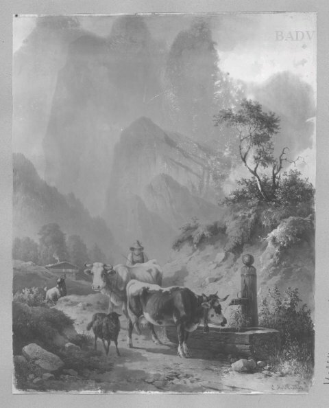 Gebirgslandschaft mit Kühen und Hirtenmädchen am Brunnen, 1845, Edmund Mahlknecht