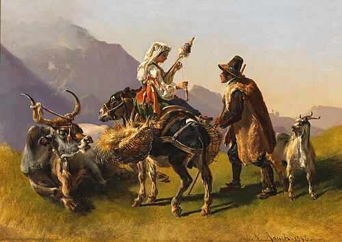An Italian woman with distaff in conversation with a shepherd, 1846, Johann Nepomuk Rauch