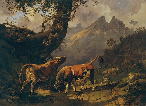 Bull chasing a cow with  in the background the landscape around Carrara, 1832, Johann Nepomuk Rauch