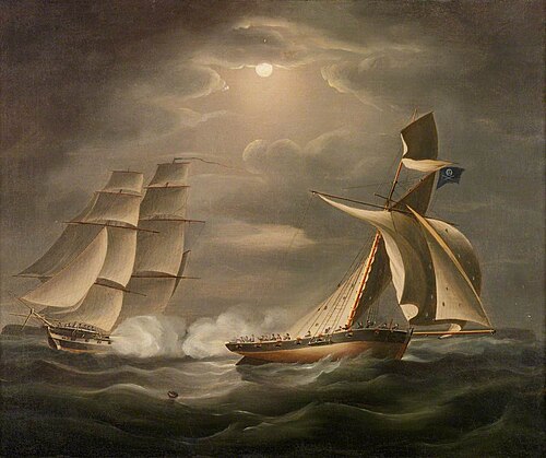 A Brig Chasing a Smuggler or Pirate Ship, 1850, Richard Ball Spencer