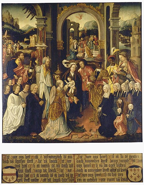 Adoration of the kings with portraits of Jacob Aertsz. van Schayck (....-1530) and his family, 1530, Pseudo-Bles