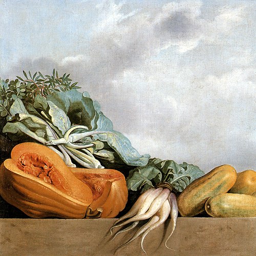 Still-life of pumpkins, zuchini and leavy greens (paksoi), 1643, Albert Eckhout