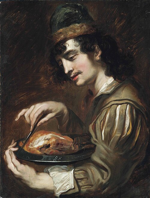 Man holding a pewter charger with a chicken, 1650, Jan Cossiers