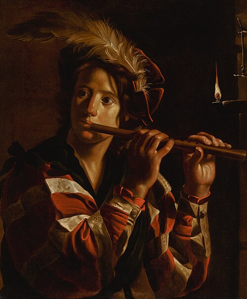 Young man playing the flute by candlelight, 1621, Jan Cossiers