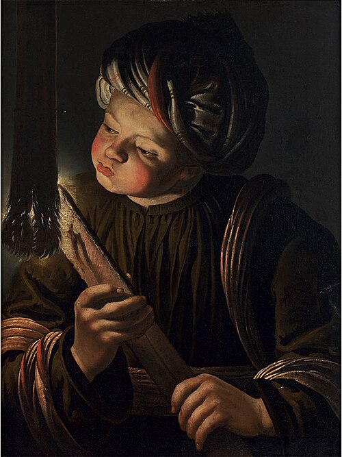 Young man blowing on a burning wooden board, 1621, Jan Cossiers