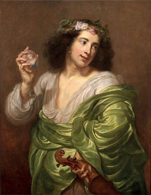 Portrait of a man holding a violin and a medallion with a miniature of a woman, 1650, Jan Cossiers