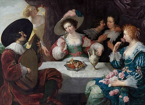 An elegant company seated at a table (Allegory of the five senses), 1640, Jan Cossiers