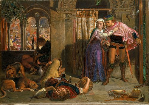The flight of Madeline and Porphyro during the drunkenness attending the revelry (The Eve of St. Agn, 1850, William Holman Hunt