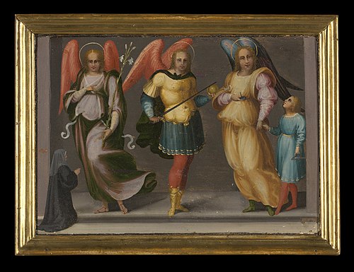 Archangels Gabriel, Michael, and Raphael with Tobias and a Female Donor, 1522, Maître de Serumido