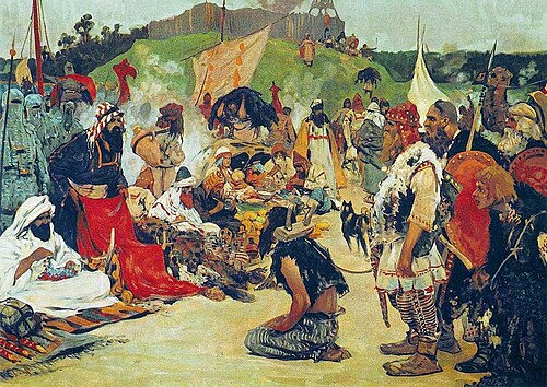 Trade negotiations in the country of Eastern Slavs. Pictures of Russian history., 1909, Sergueï Ivanov