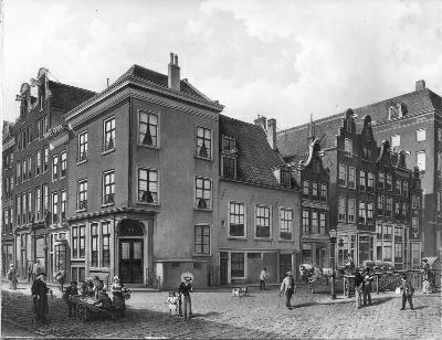 Café de Koperen Toonbank, hoek Kalverstraat - Spui met op de voorgrond de Osjessluis, 1884, Edouard Alexander Hilverdink