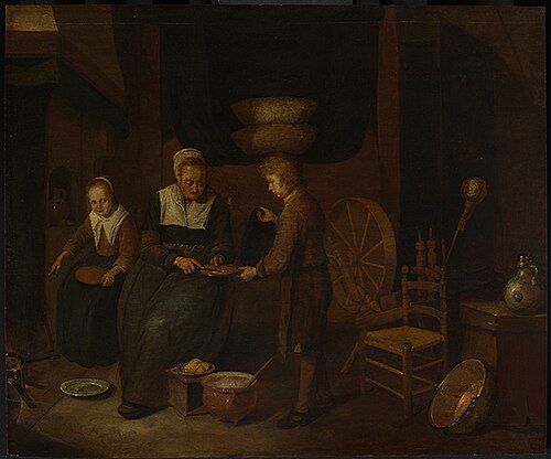 Interior with a woman baking pancakes and two children, 1660, Quirijn van Brekelenkam