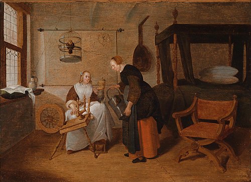 Interieur mit einer jungen Frau am Spinnrad und einer Magd,, 1661, Quirijn van Brekelenkam