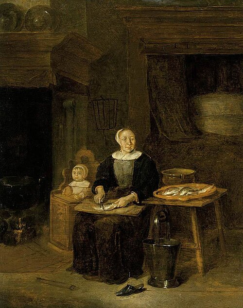 A Woman Scaling Fish, 1666, Quirijn van Brekelenkam