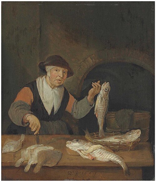 An old woman cleaning a fish at a market stall, 1667, Quirijn van Brekelenkam