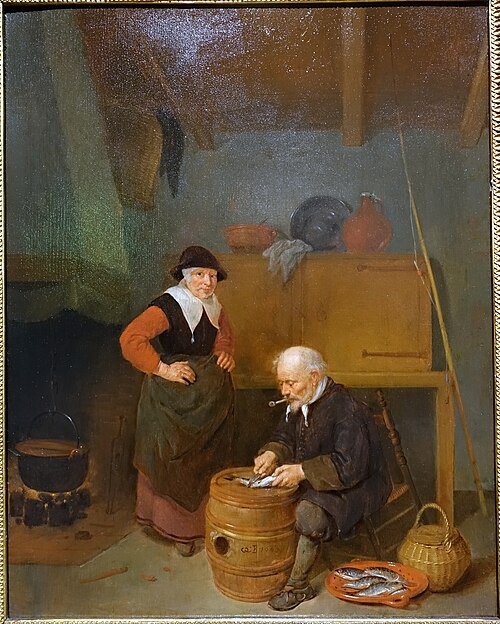 An old man gutting a fish, 1667, Quirijn van Brekelenkam