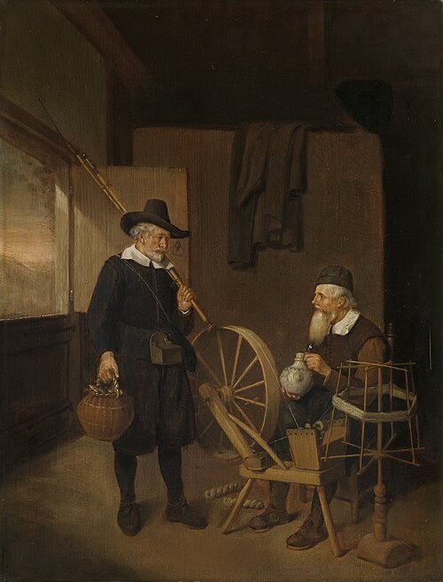 Interior with Fisherman and Man beside a Bobbin and Spool, 1663, Quirijn van Brekelenkam
