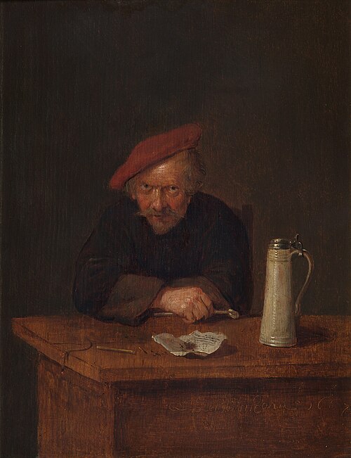 Man at a table with a pie and a tankard, 1667, Quirijn van Brekelenkam