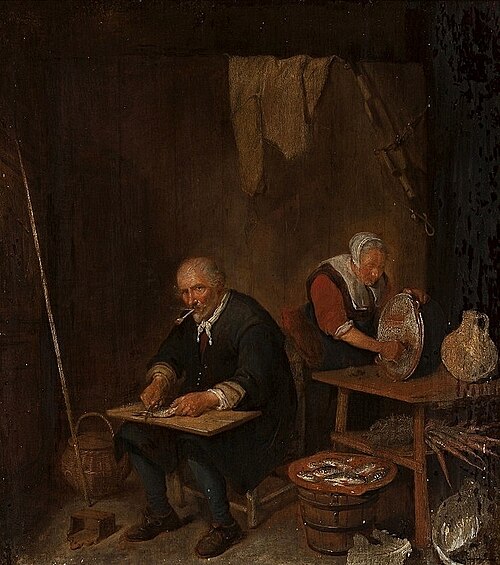 Grattage du poisson., 1650, Quirijn van Brekelenkam