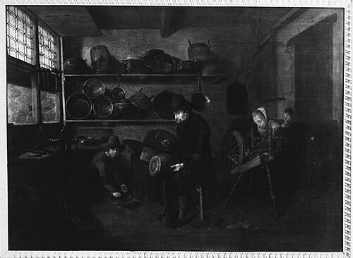 Copper smith and woman spinning in a workshop, 1654, Quirijn van Brekelenkam