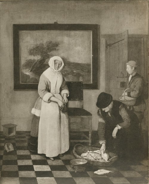 Fish seller and shrimp seller with a housewife in an interior, 1662, Quirijn van Brekelenkam