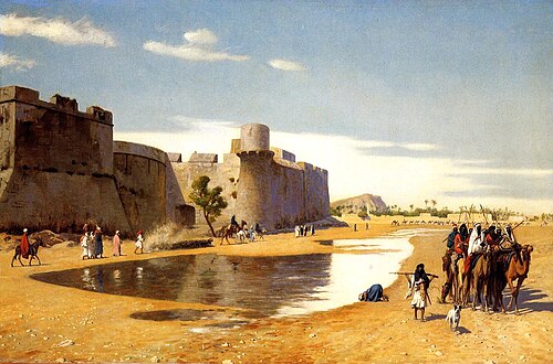 An Arab Caravan outside a Fortified Town, Egypt, , Jean-Léon Gérôme