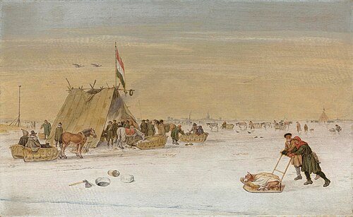 A winter landscape with figures on the ice by a koek-en-zopie tent, 1620, Hendrick Avercamp
