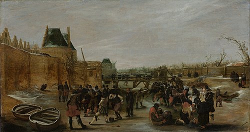 Frolicking on a frozen canal in a town, 1617, Hendrick Avercamp
