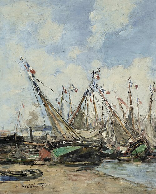 trouville le port voiliers echoues, 1890, Eugène Boudin
