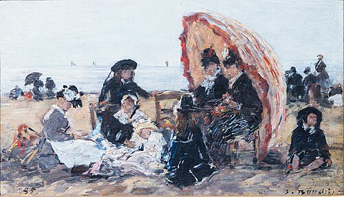 Sur la plage de Trouville, à l’abri du parasol rouge, 1885, Eugène Boudin