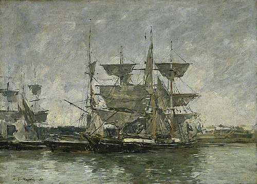 Ships at dock, Deauville, 1881, Eugène Louis Boudin