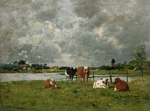 Cows in a field under a stormy sky, 1877, 1877, Eugène Louis Boudin
