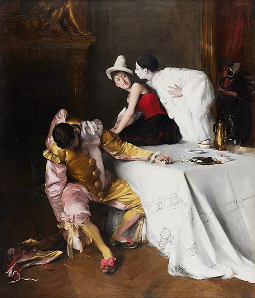 Scène de carnaval: Pierrot, Colombine et Polichinelle, 1889, Alexis Vollon