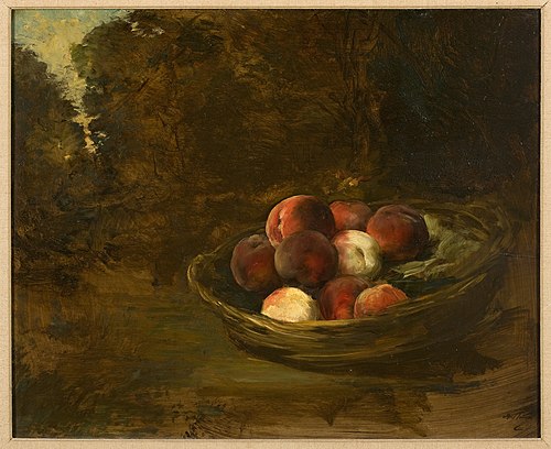 Stilleven met perziken in mand voor landschap, 1874, Alexis Vollon