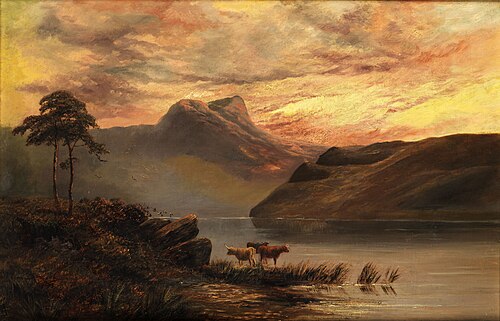Mountain lake landscape in evening mood, , Alfred de Breanski