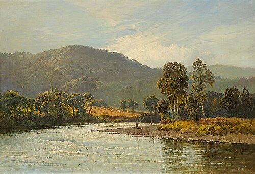 Scottish summer landscape with angler, 1876, Alfred de Breanski