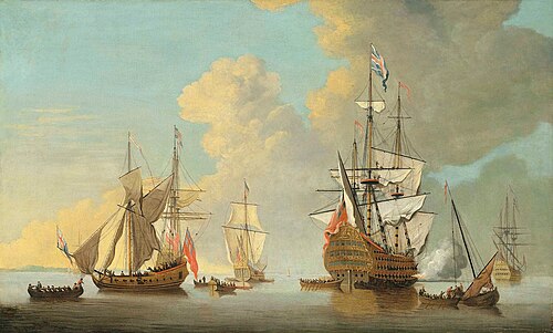 The flagship Royal Sovereign firing a salute at the Nore with other warships and Admiralty yachts in, 1800, Cornelis van de Velde