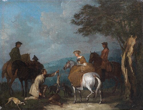 A huntsman offering game to a lady on horseback, 1750, Jan Peeter Verdussen